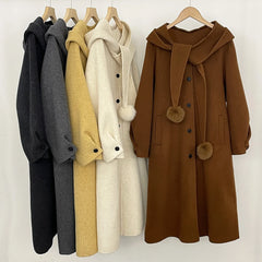 Hooded Wool Blend Coat with Pom-Pom Scarf