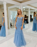  Blue Embroidery Prom Dresses Tulle Mermaid Formal Evening Dresses