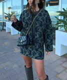 Quilted Green Pattern Long Sleeves Cardigan And Mini Skirt