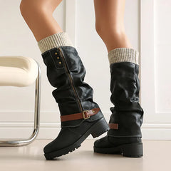 Knit Cuff Faux Leather Buckle Riding Boots