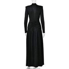 Long Sleeve Deep Neck Ruched Shimmering Slit Maxi Dress