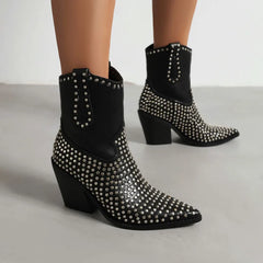 Studded Pointed Toe Block Heel Ankle Boots