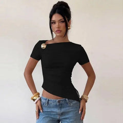 Asymmetric Neckline Button Detail Top