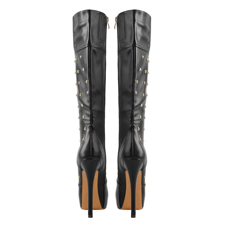 Rear view of platform studded stiletto knee-high boots