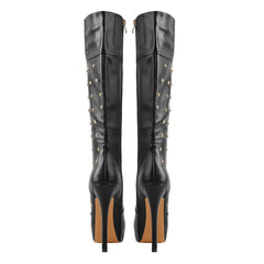 Rear view of platform studded stiletto knee-high boots