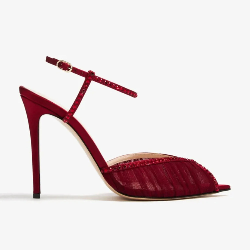 Burgundy crystal mesh stiletto heel with pointed toe and ankle strap