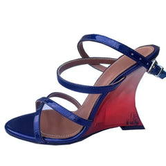 Blue and red gradient wedge heel sandal with cross straps and ankle strap