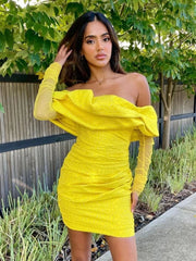 Off Shoulder Jacquard Yellow Mesh Mini Dress