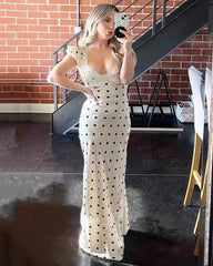 Satin Polka Dot Cap Sleeve Maxi Dress