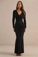 Draped Cowl Neck Long Sleeve Maxi Dress