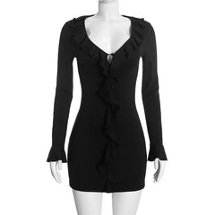 Ruffle V-Neck Long Sleeve Mini Dress