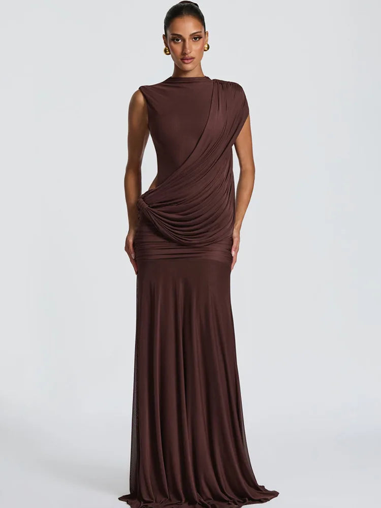 Brown draped mock neck sleeveless maxi dress