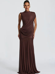 Brown draped mock neck sleeveless maxi dress