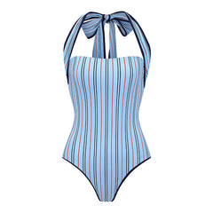 Blue Striped Bow One Piece Swimsuit and Cover-up