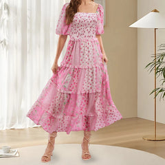 Pink Floral Ruffle Midi Dress | Tiered Empire Waist Romance