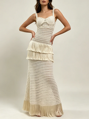 Crochet knit maxi dress with layered fringe details