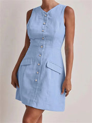 Light blue dress with button details on a plain background