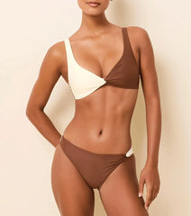 Two-Tone Plunge Neck Ruffled One-Piece Swimsuit