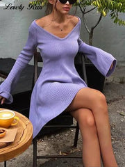 Knit Dress Long Sleeve V-neck Ruffle Hem Mini Sweater Dress