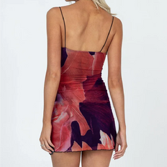 Tie-dye Print Mesh Ruched Collar Open Back Mini Dress