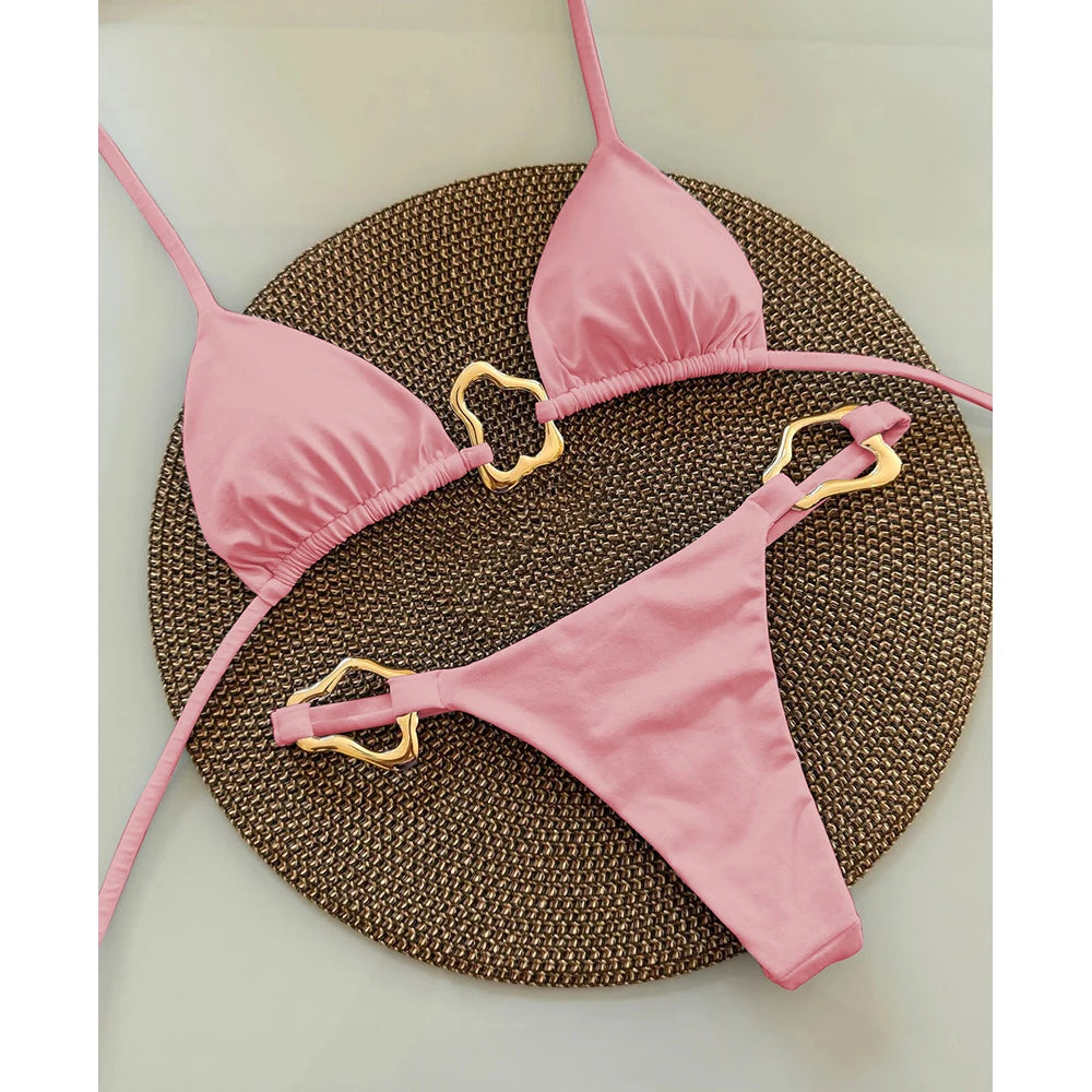 Pink solid color bikini with gold ring detail