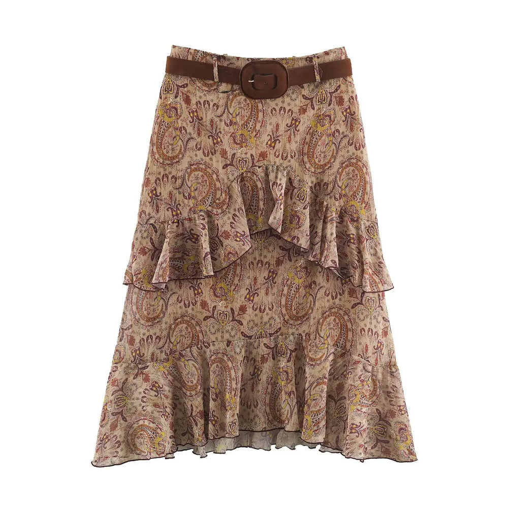 Paisley tiered ruffle belted midi skirt