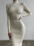 Knitted Turtleneck Long Sleeve Solid Color Midi Dress