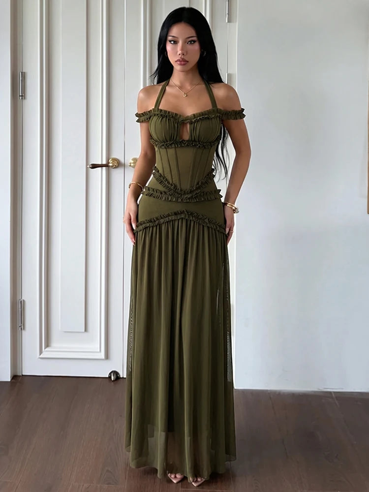 Ruffled halter neck maxi dress in olive green on model