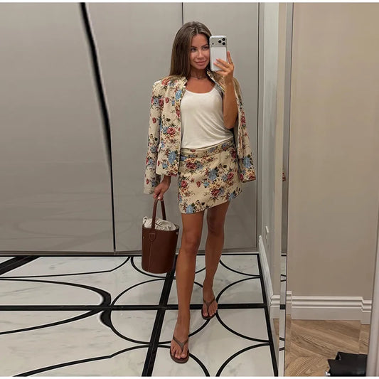 Floral mandarin collar cropped jacket worn with skirt