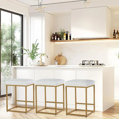 White and gold bar stools set of 4, 24-inch height, backless metal steel frame base, U.S. Origin.