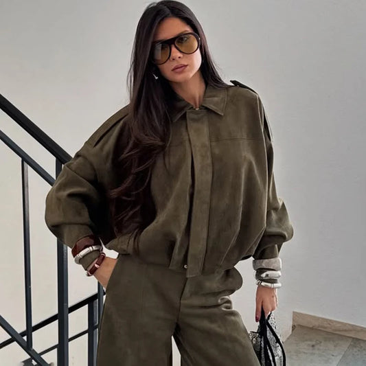 Faux suede cropped bomber jacket with turned-up collar detail