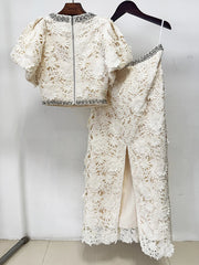 White Embroidered Flare Top And Midi Skirt with Crystal Embellishment Set
