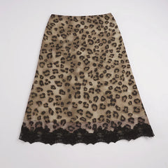 Leopard Print Lace Trim Midi Skirt