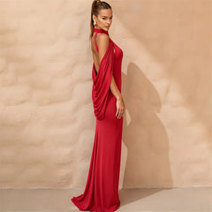 Mock Neck Cape Draped Open Back Maxi Dress