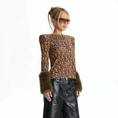 Leopard Print Fur Trim Long Sleeve Top