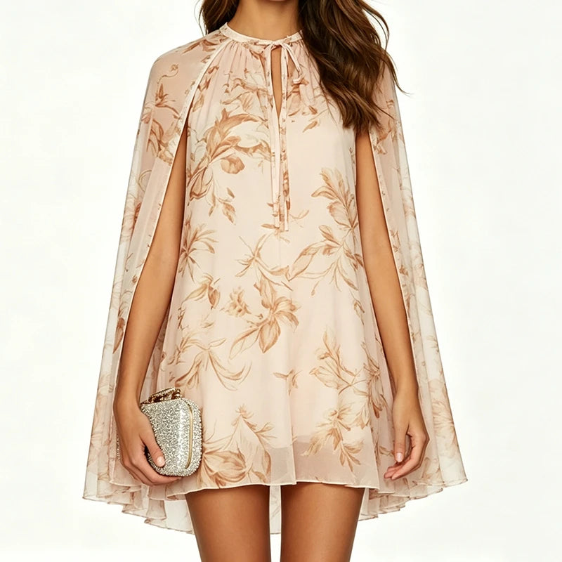 Floral print chiffon mini dress with cape sleeves