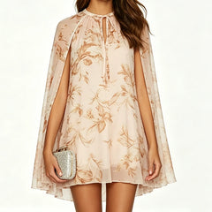Floral print chiffon mini dress with cape sleeves