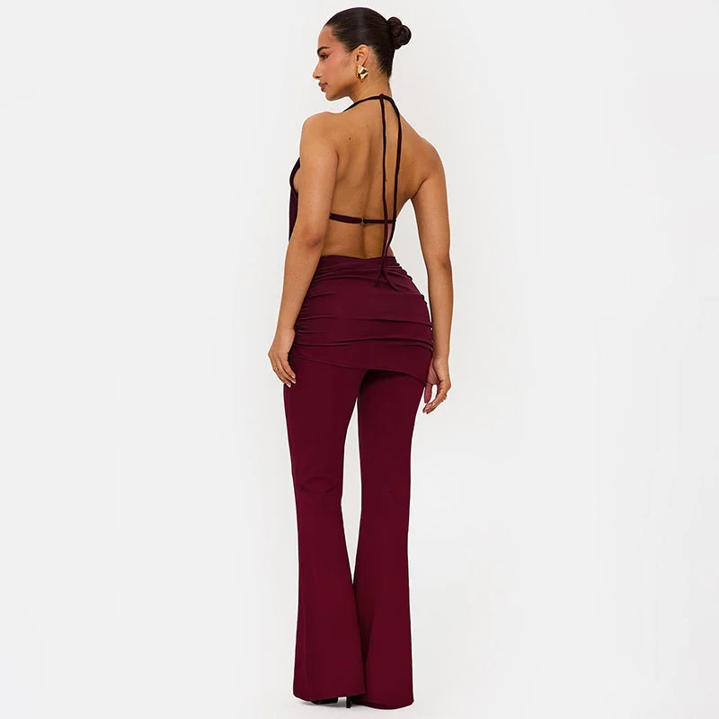 Maroon jumpsuit with open back on a white background