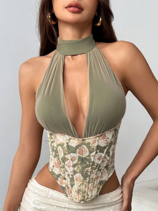 Floral corset halter crop top with plunging neckline.