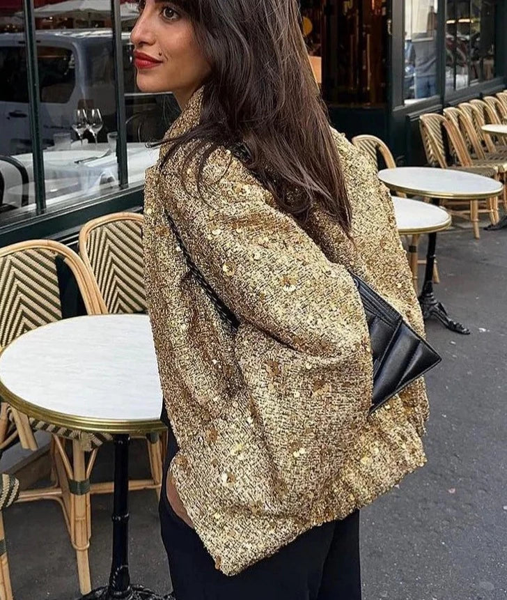 Sequin Jacket Gold Color Stand Collar Long Sleeve Short Coat