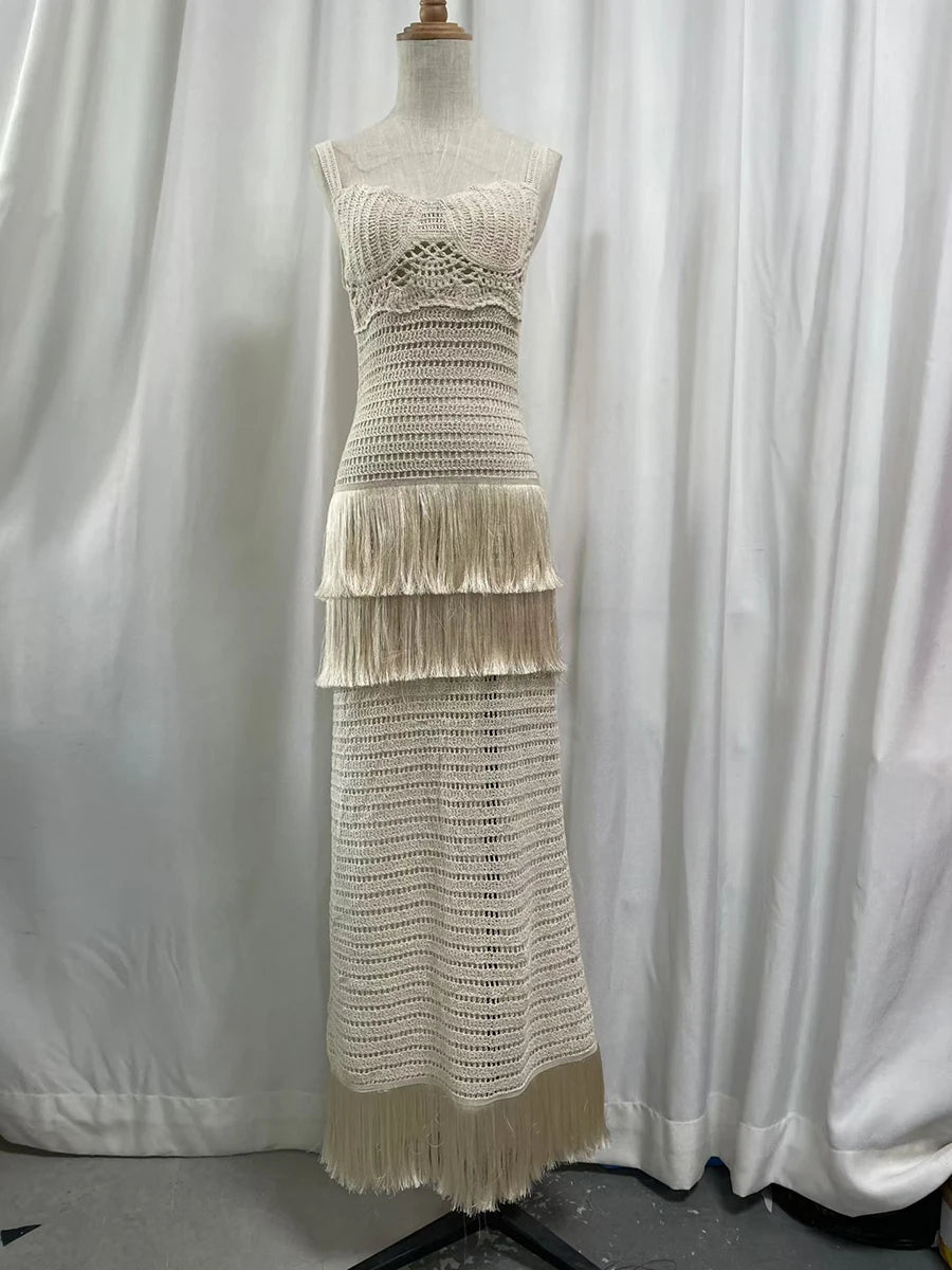 Cream crochet knit maxi dress on a mannequin