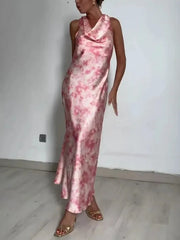 Pink Cowl Neck Sleeveless Tie Dye Satin Maxi Dress Golden Atelier