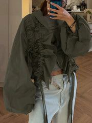 Ruched drawstring collar shirt with voluminous sleeves