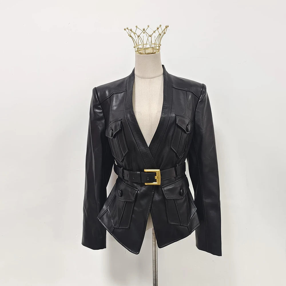 Black leather jacket with a gold belt on a mannequin against a white background