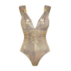 V-Neck Ruched Cut-Out Halter One-Piece Swimsuit and Maxi Skirt Set
