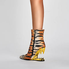 Pointed Wolf Teeth Leopard Pattern High Heel Short Boots