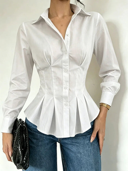 Ruched waist pleated peplum shirt in white
