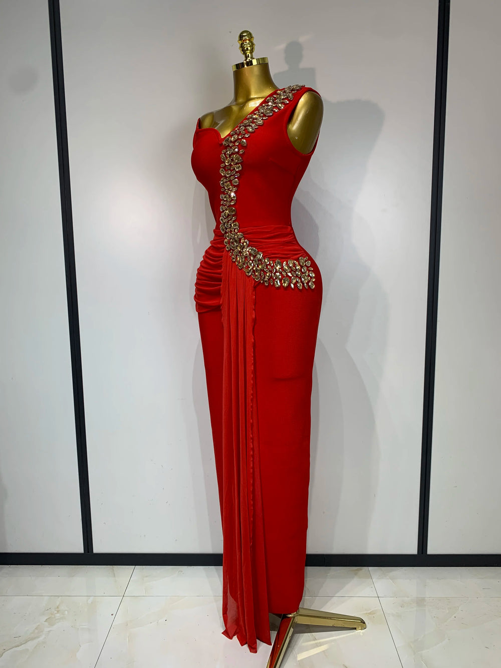 Red embellished one-shoulder dress side view