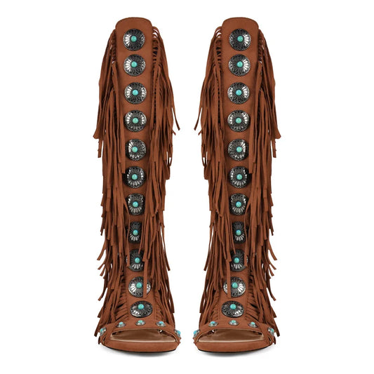 Brown embellished lace-up fringe gladiator sandal with turquoise and silver accents