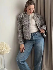 Silver Sequin Embellished Round Neck Long Sleeved Short Coat - Golden Atelier